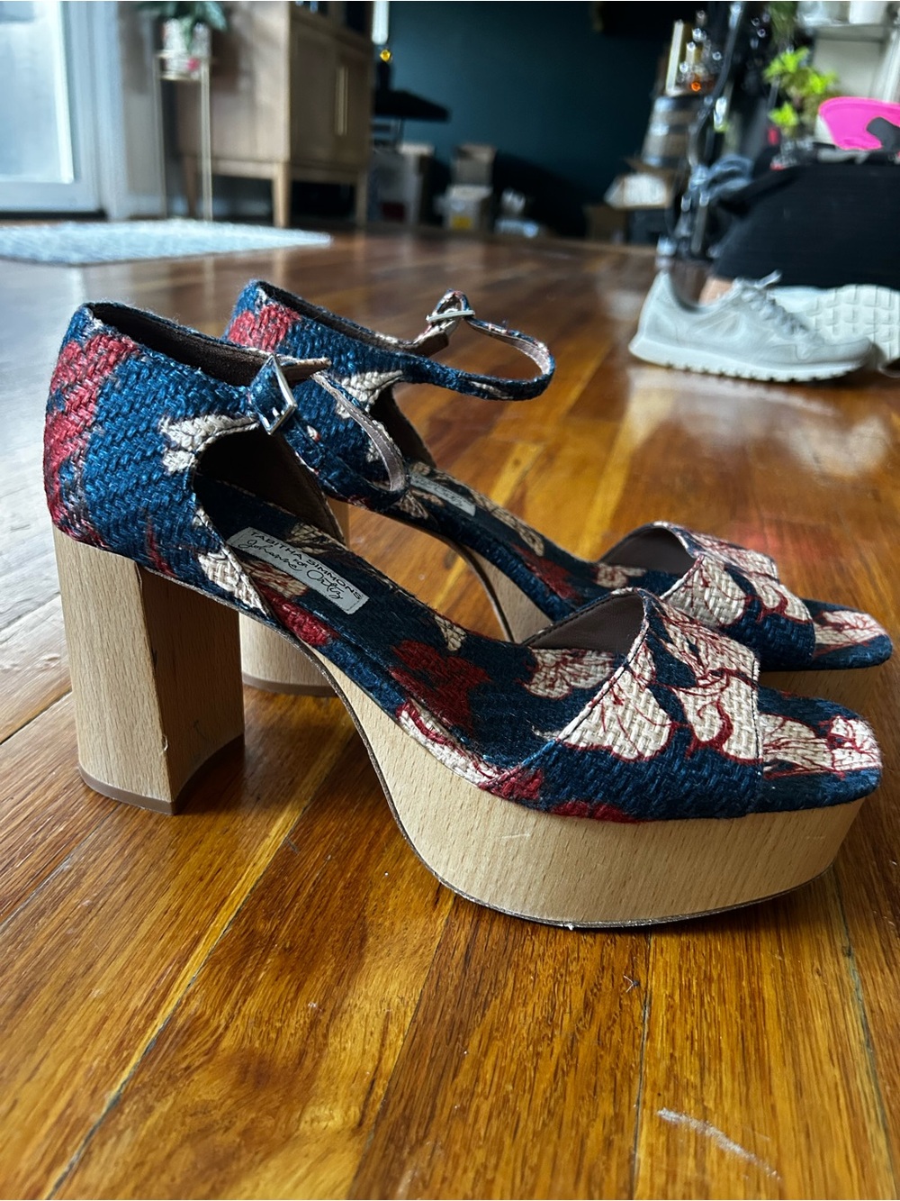 Tabitha Simmons Navy and Red Floral Woven Platform Sandals